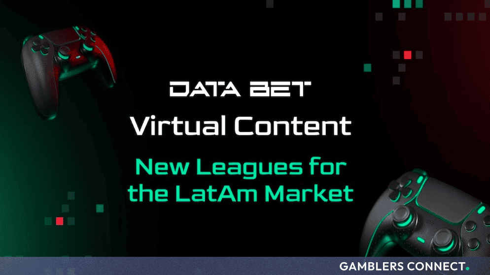 Sleek black gaming controllers glowing with green accents against a dark digital background with text announcing new virtual content for the LatAm market.