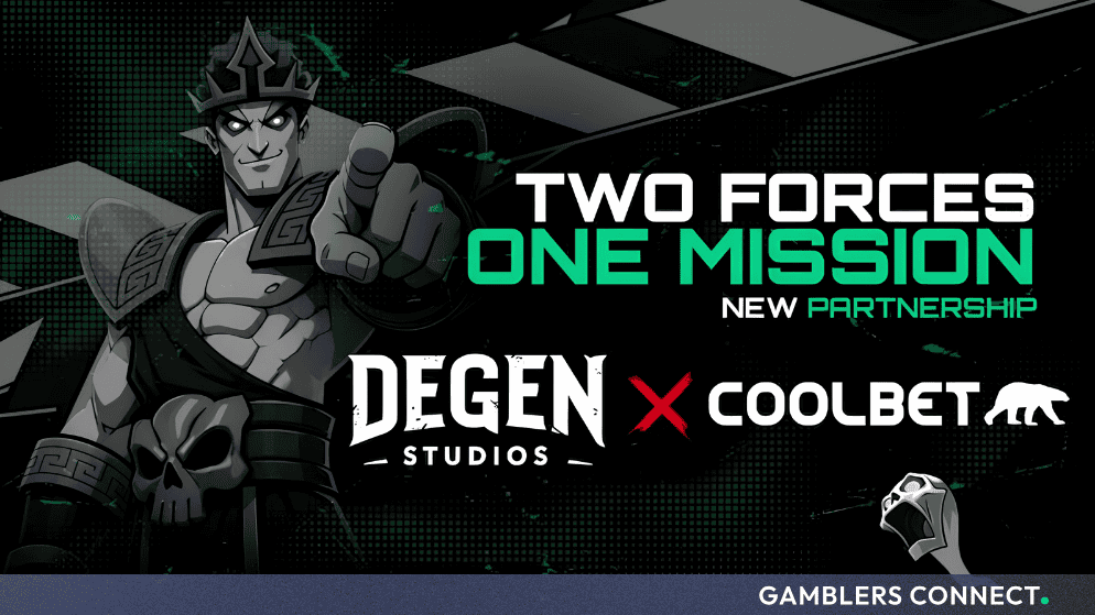 Official partnership graphic featuring the DEGEN Studios and Coolbet logos with stylized character artwork.