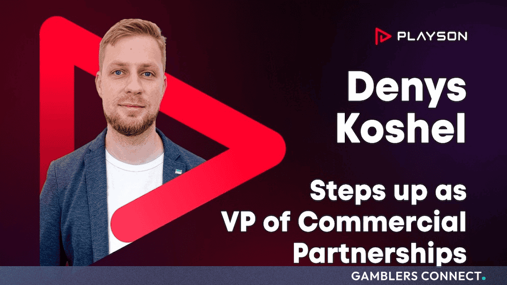 Official promotional graphic featuring a portrait of Denys Koshel alongside the Playson logo and text announcing his appointment as VP of Commercial Partnerships.