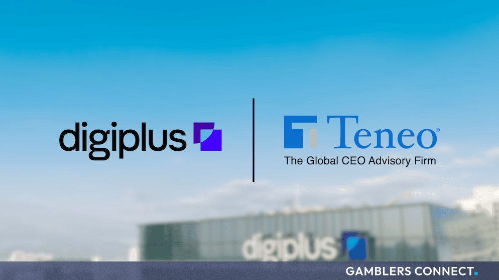 Corporate logos for DigiPlus and Teneo displayed side by side against a bright blue sky and office building background.