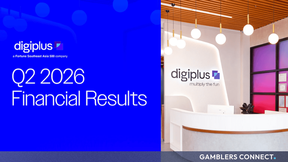 DigiPlus corporate reception area displayed alongside financial results graphics in brand blue.