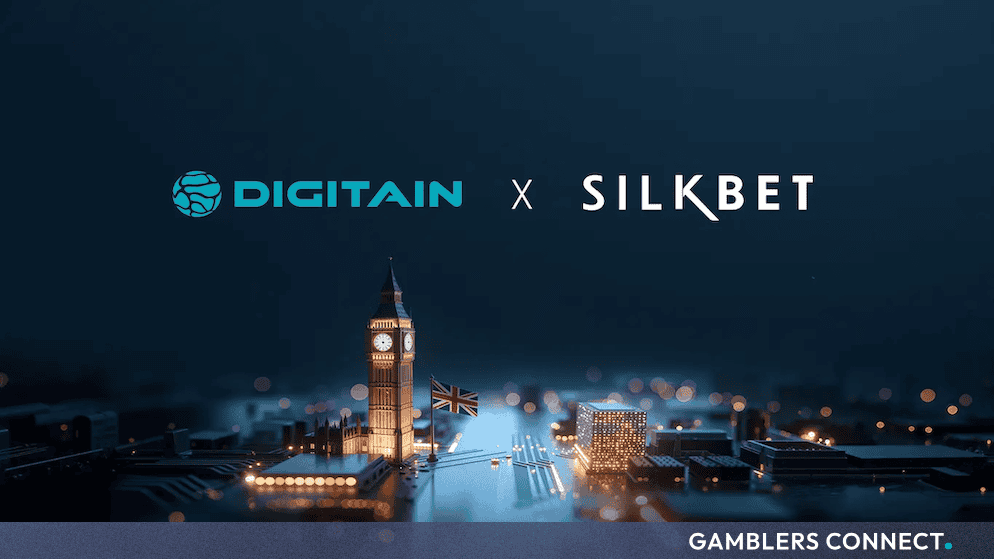 Branded partnership graphic featuring the Digitain and Silkbet logos above a futuristic model of Big Ben and the UK flag set against a circuit board background.