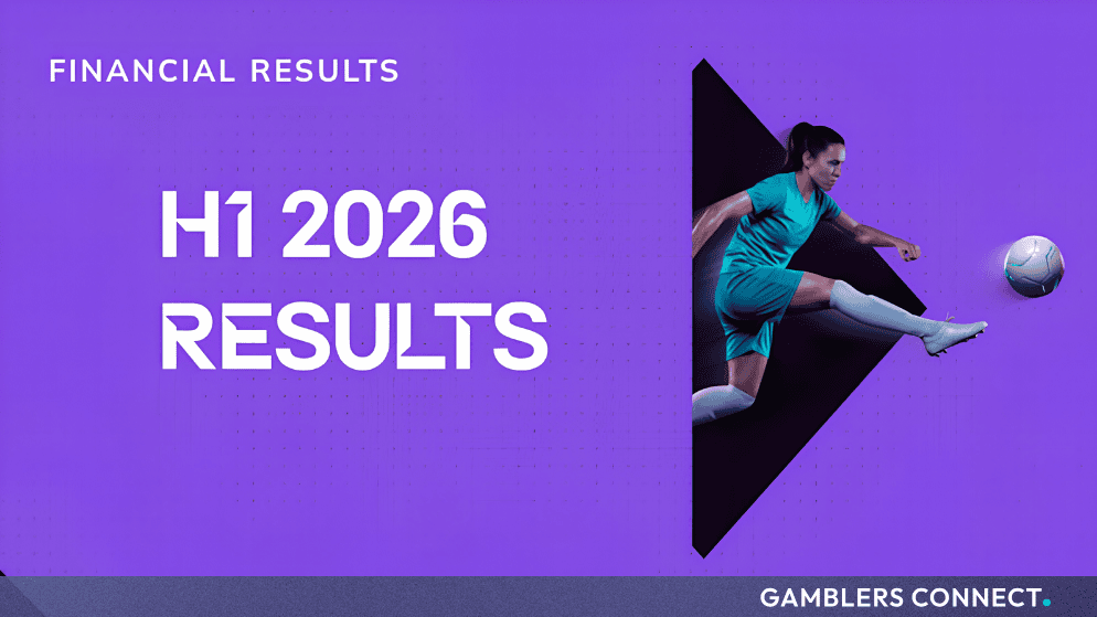 Purple financial results graphic featuring a female soccer player kicking a ball on a dark geometric overlay.