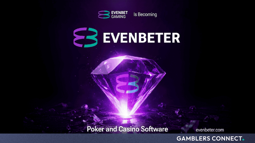 Promotional corporate rebrand graphic displaying the transition from EvenBet Gaming to Evenbeter above a glowing purple diamond.
