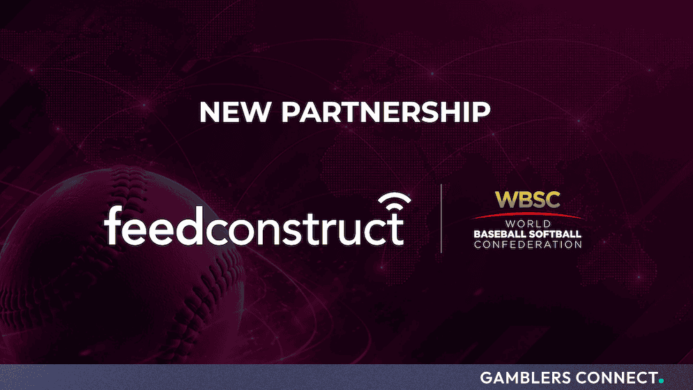 Official announcement graphic displaying the FeedConstruct and WBSC logos over a dark red background with a baseball texture.
