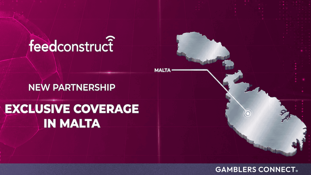 Official partnership graphic featuring the FeedConstruct logo and a metallic map of Malta on a dark red textured background with a soccer ball graphic.
