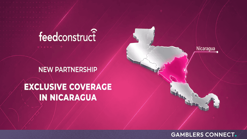 Promotional graphic displaying the FeedConstruct logo and a map highlighting Nicaragua for the new exclusive basketball streaming and data rights partnership.