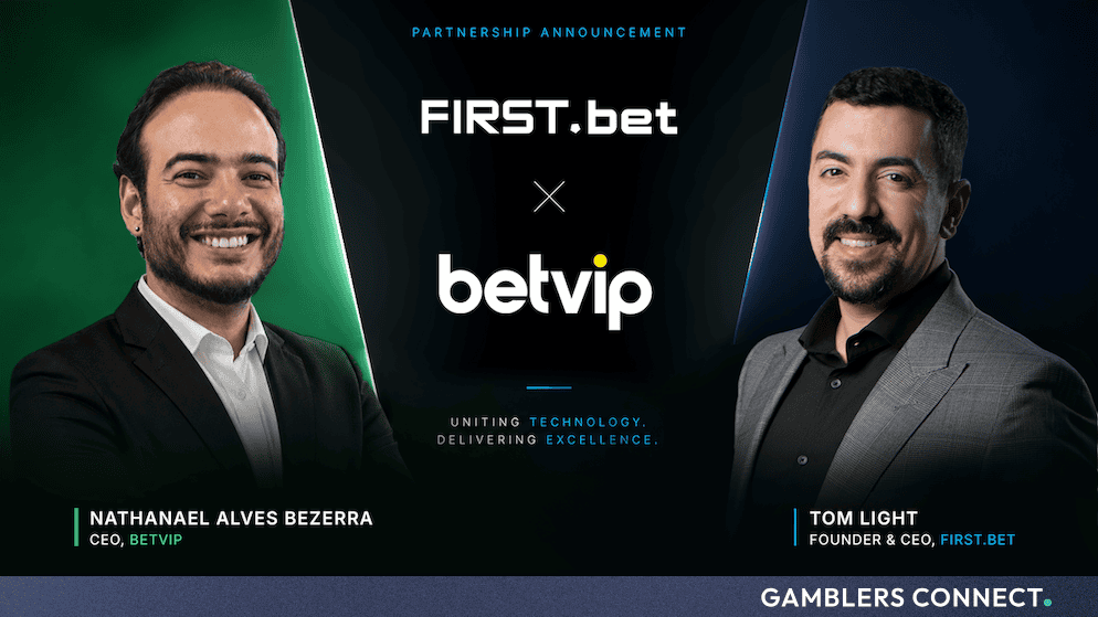 Partnership announcement graphic featuring Nathanael Alves Bezerra, CEO of Betvip, and Tom Light, Founder and CEO of FIRST.bet.