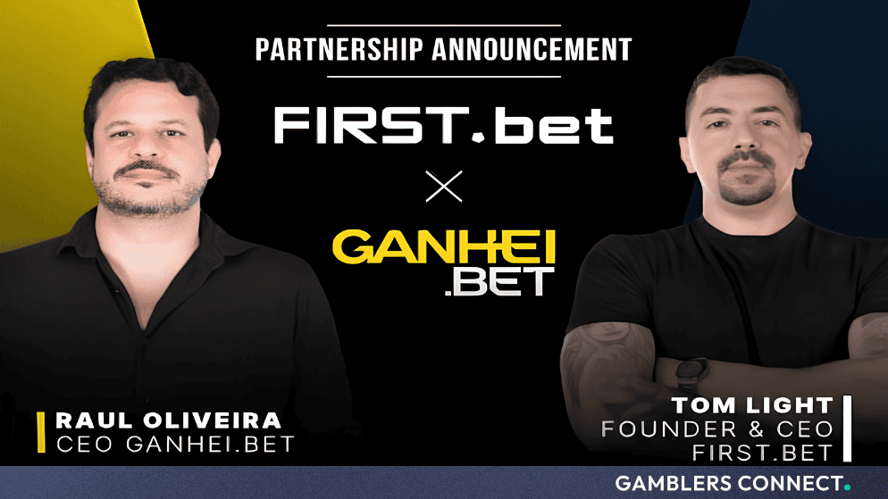 Partnership announcement graphic featuring Raúl Oliveira (CEO of GANHEI.bet) and Tom Light (Founder & CEO of FIRST.bet).