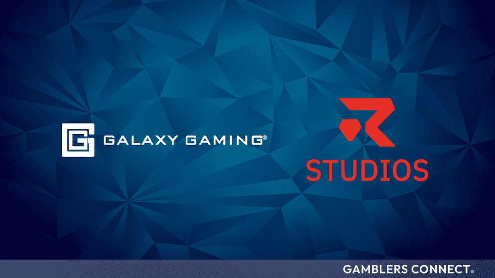 Official partnership branding featuring the Galaxy Gaming and Ruby Seven Studios logos set against a blue geometric background.
