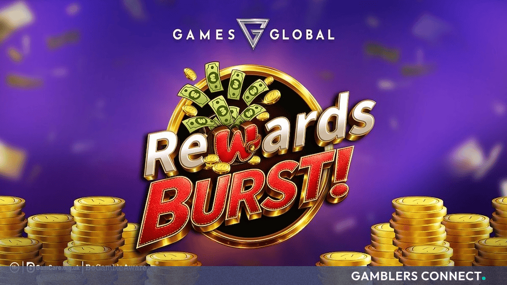 Promotional graphic for Games Global Rewards Burst featuring gold coins, flying cash, and branding against a purple background.
