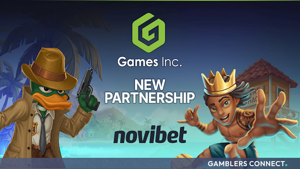 Promotional partnership graphic featuring the Games Inc. and Novibet logos alongside stylized game characters in a tropical setting.