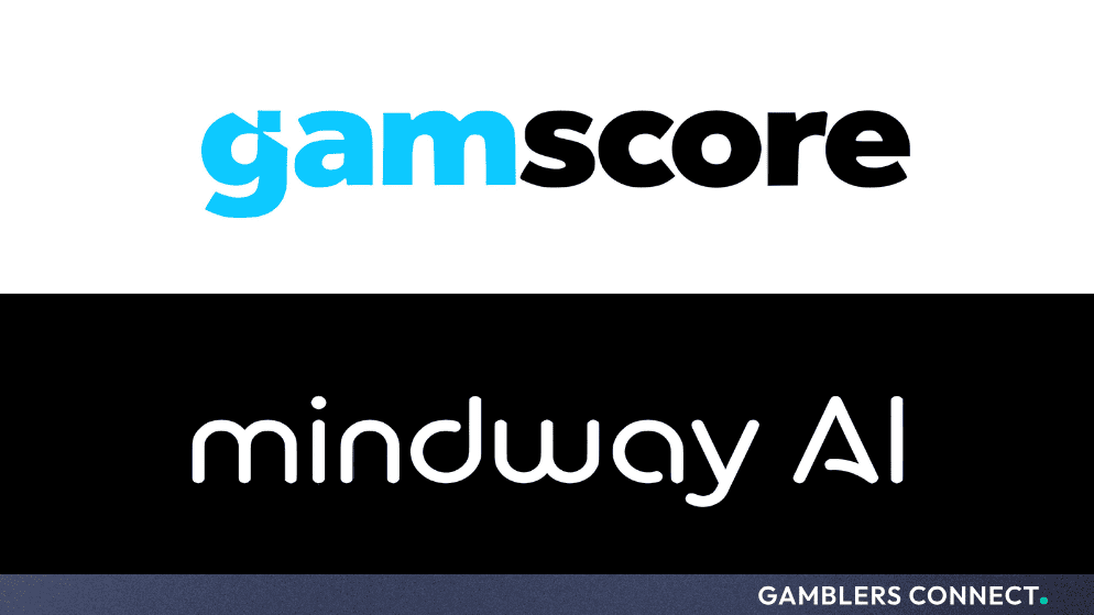 Corporate logos for GamScore and Mindway AI displayed side by side against dual light and dark backgrounds.