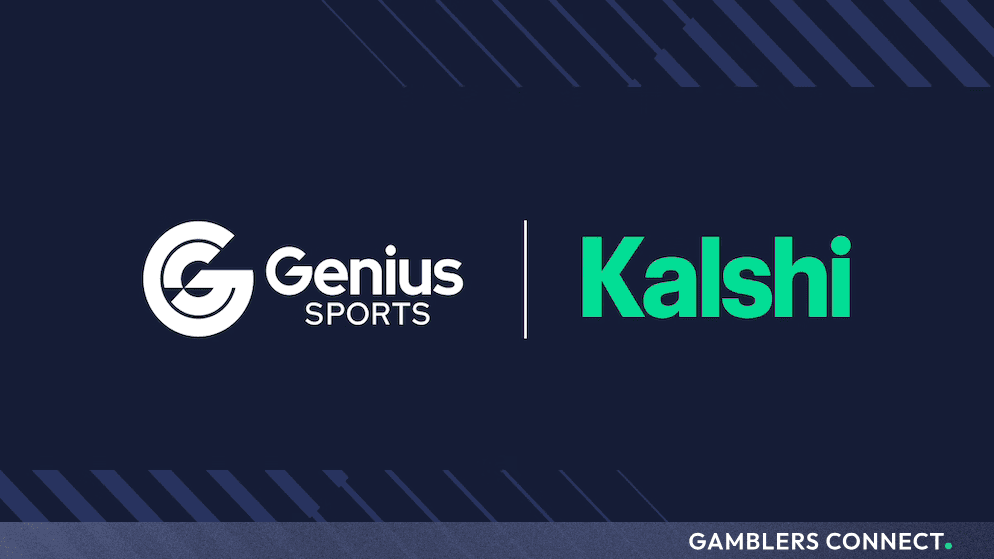 Official corporate logo lockup featuring Genius Sports and Kalshi against a dark blue background with diagonal line patterns.