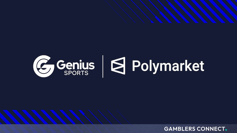 Official corporate logo lockup featuring Genius Sports and Polymarket against a dark blue background with diagonal blue graphical stripes.