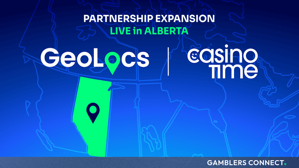 Promotional graphic announcing the live partnership expansion between GeoLocs and Casino Time in Alberta, Canada.