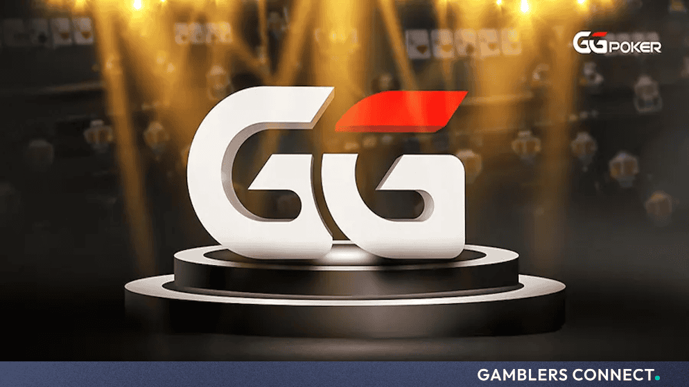 The GGPoker logo prominently displayed on a golden podium under stage lighting with playing cards visible in the background.