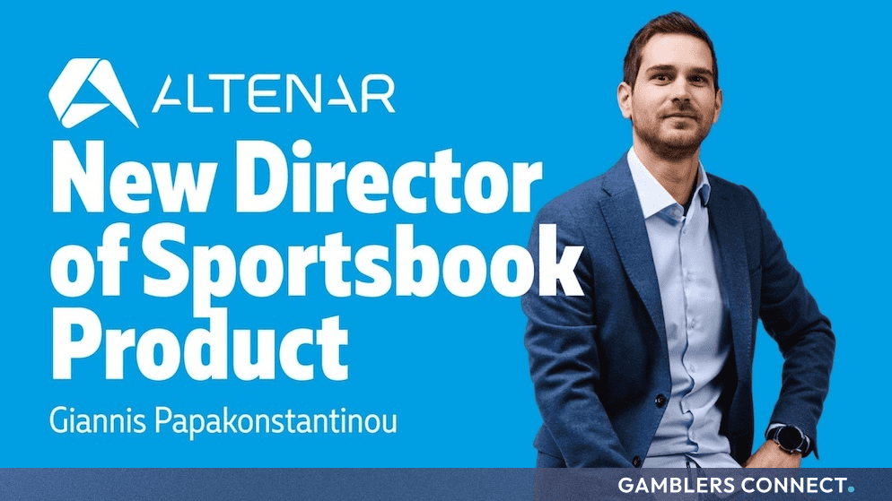 Professional portrait of Giannis Papakonstantinou against a blue background with the text announcing his appointment as Director of Sportsbook Product at Altenar.