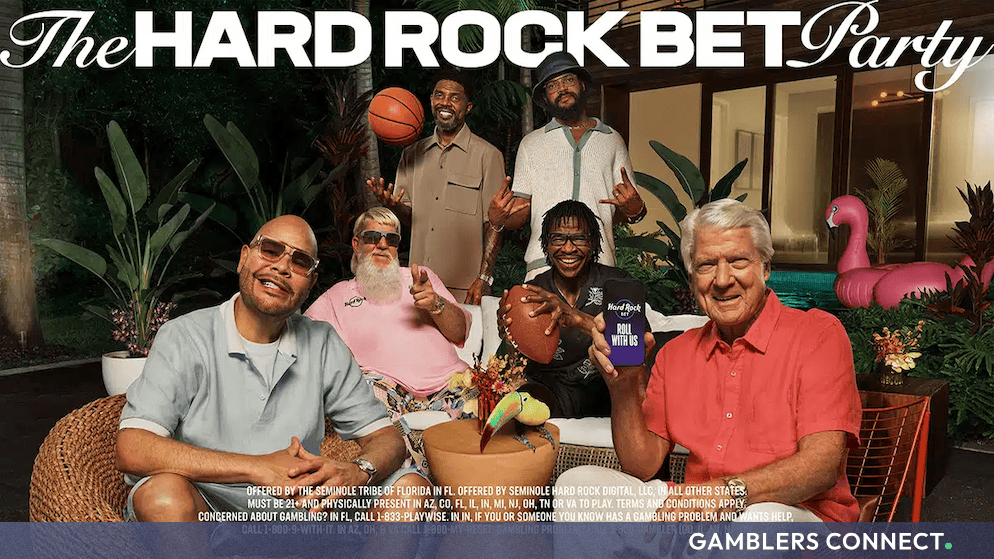 The cast of the Hard Rock Bet Party After Dark campaign, including Fat Joe, John Daly, Udonis Haslem, Joakim Noah, and Jimmy Johnson relaxing on a set.