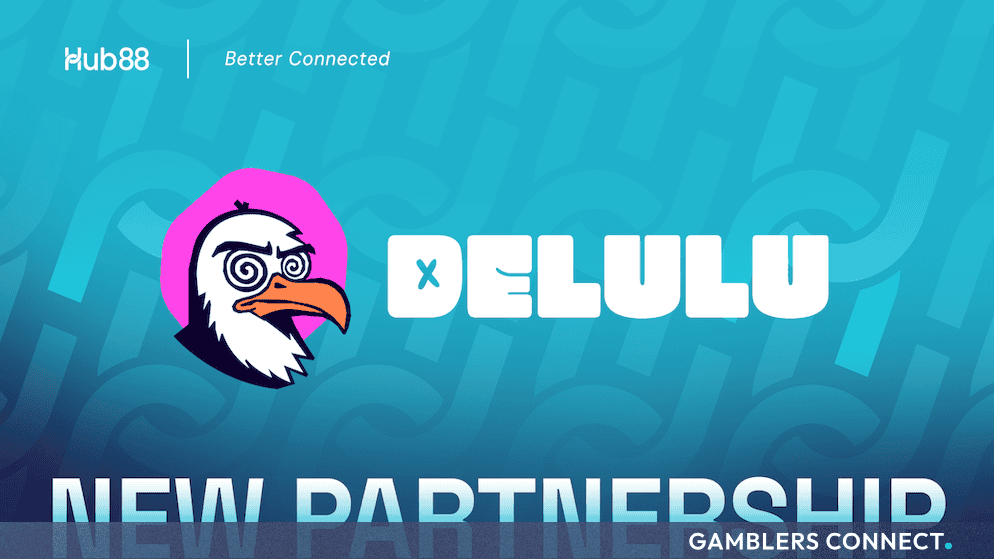 Branded partnership graphic featuring the Hub88 and DELULU Gaming logos against a vibrant blue and turquoise background.