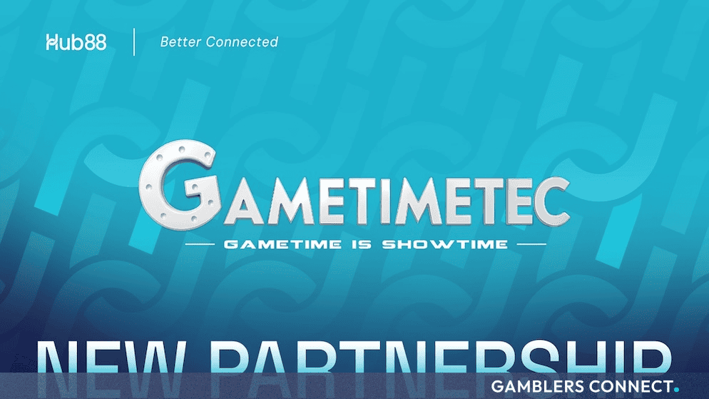 Branded corporate partnership graphic featuring the Hub88 and Gametimetec logos against a vibrant blue background.
