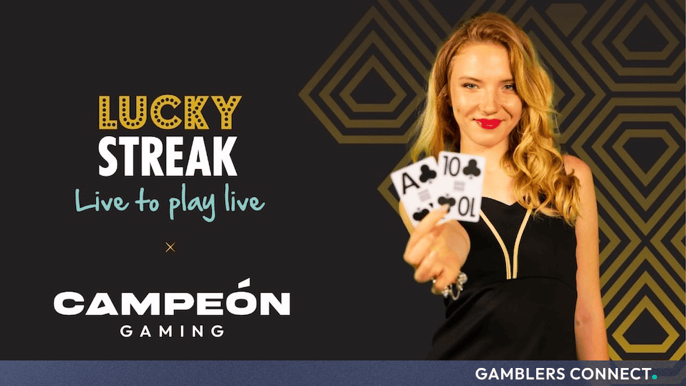 Promotional banner featuring the LuckyStreak and Campeon Gaming logos alongside a live dealer holding playing cards against a dark gold-patterned background.