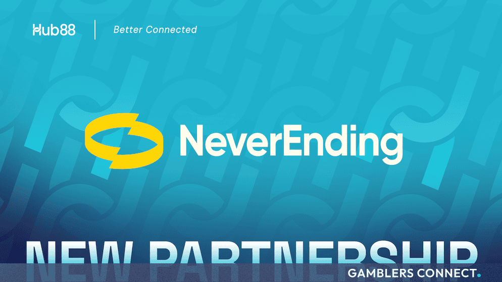 Promotional banner featuring the Hub88 and NeverEnding logos against a teal graphic background with text reading "New Partnership."