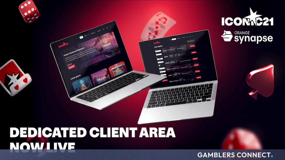 Promotional banner announcing the launch of the dedicated ICONIC21 Client Area portal developed with Orange Synapse, displayed on open laptops.