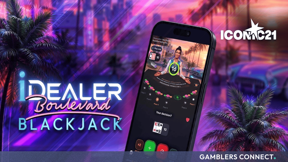 A smartphone displaying the iDealer Boulevard Blackjack game interface against a glowing neon Miami background with palm trees.