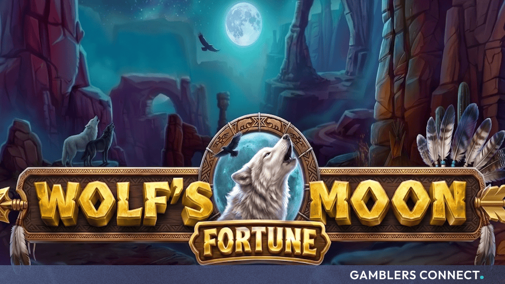 Promotional title graphic for Wolf’s Moon Fortune featuring a howling white wolf against a moonlit canyon and desert background.