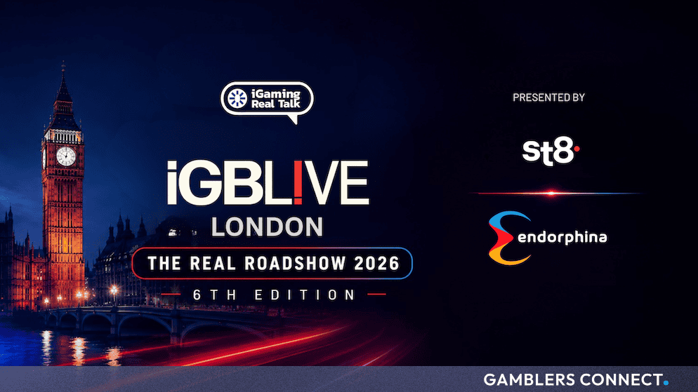 Promotional graphic for iGaming Real Talk at iGB LIVE London, featuring the Big Ben silhouette and presenting sponsor logos for St8 and Endorphina.