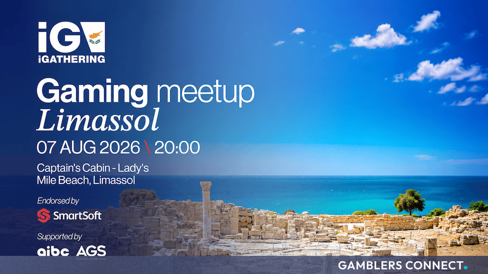 Promotional banner for the Gaming Meetup Limassol on August 7, 2026, at Captain's Cabin, Lady's Mile Beach, endorsed by SmartSoft and supported by AIBC and AGS.