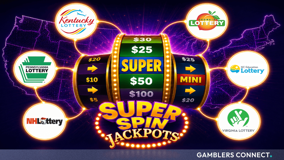 Promotional graphic for IWG's Super Spin Jackpots displaying logos of participating U.S. lotteries, including Georgia and New Hampshire, around a central slot machine wheel.