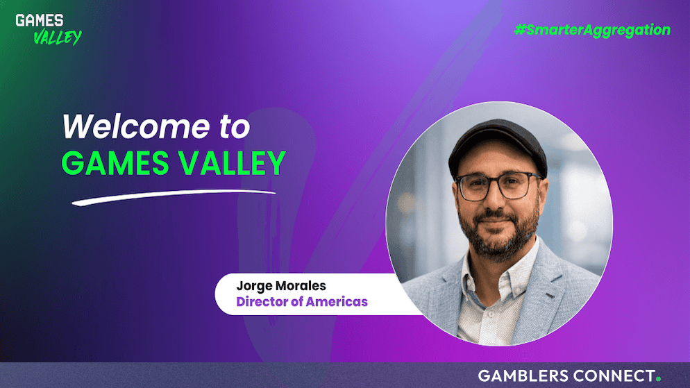 Promotional welcome graphic featuring the Games Valley logo and a portrait of Jorge L Morales alongside the title Director of Americas.
