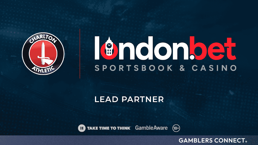 Promotional graphic featuring the Charlton Athletic crest and London.Bet sportsbook and casino lead partner branding.