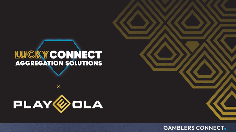 Promotional graphic featuring the LuckyConnect and PlayEola logos against a dark background with gold geometric patterns.