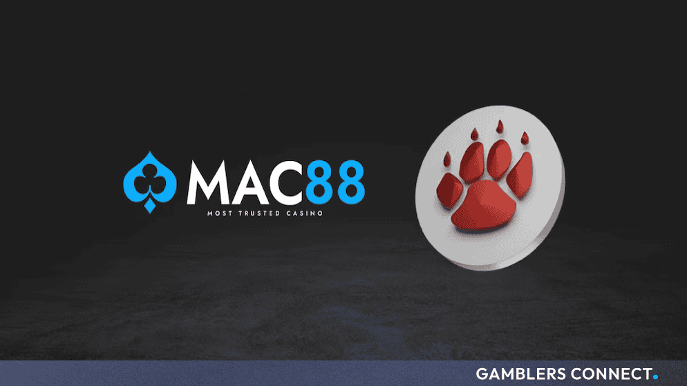 Official corporate logo for Mac88 featuring blue lettering and a red paw print emblem against a dark textured background.