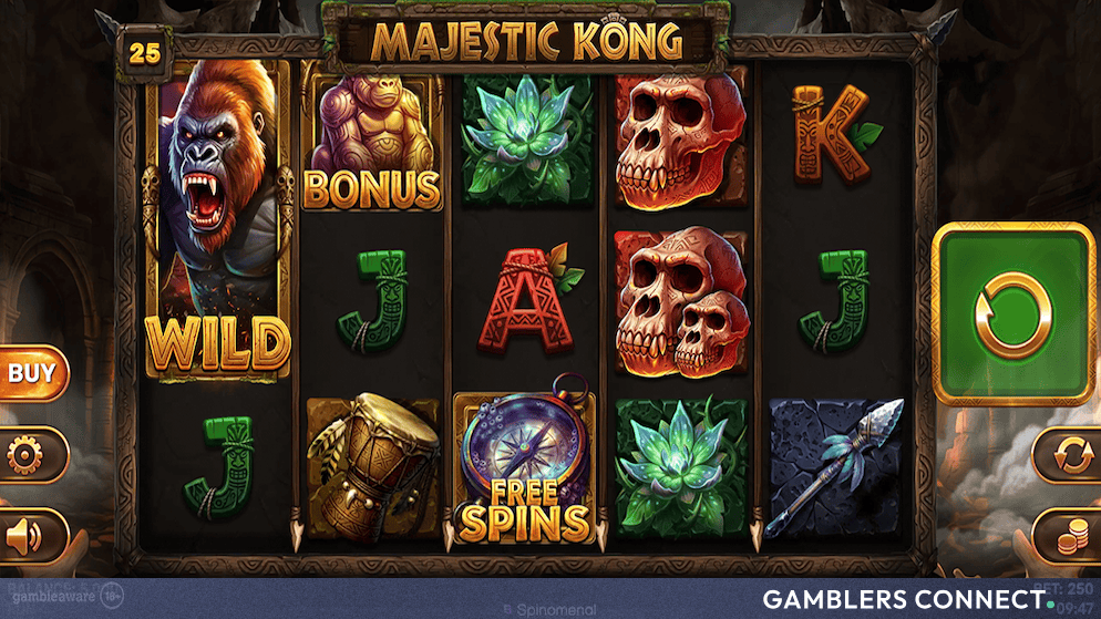 In-game screenshot of Spinomenal's Majestic Kong slot featuring a 5x3 grid, a roaring gorilla Wild symbol, carved stone icons, and jungle ruins in the background.
