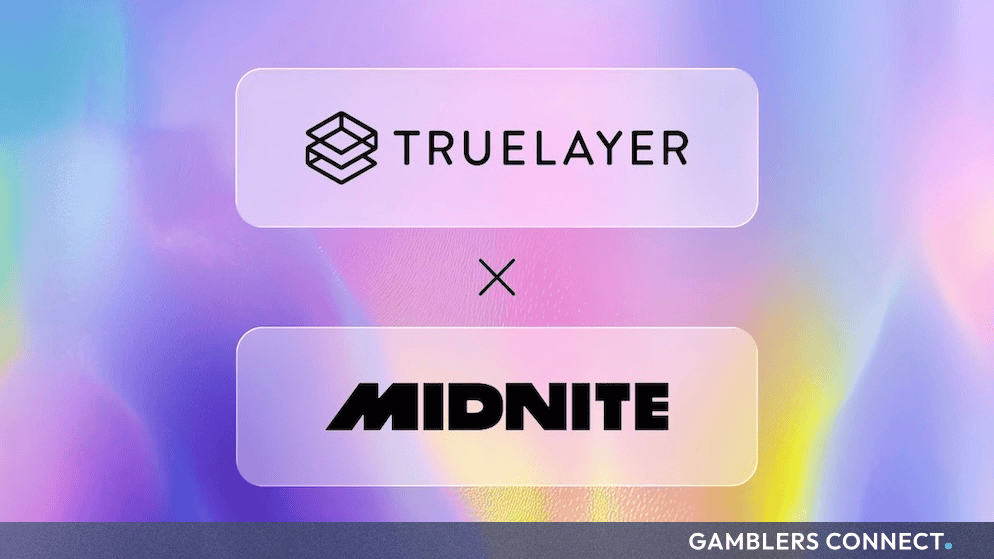 Branded corporate logo graphics for TrueLayer and Midnite displayed against a soft, colorful abstract gradient background.