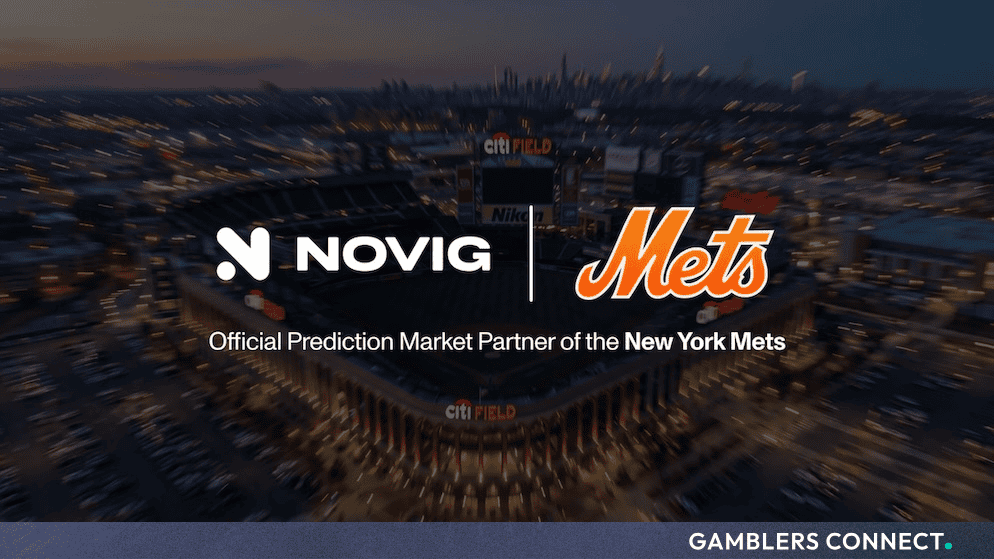 Aerial view of Citi Field stadium overlaid with the Novig and New York Mets partnership branding.
