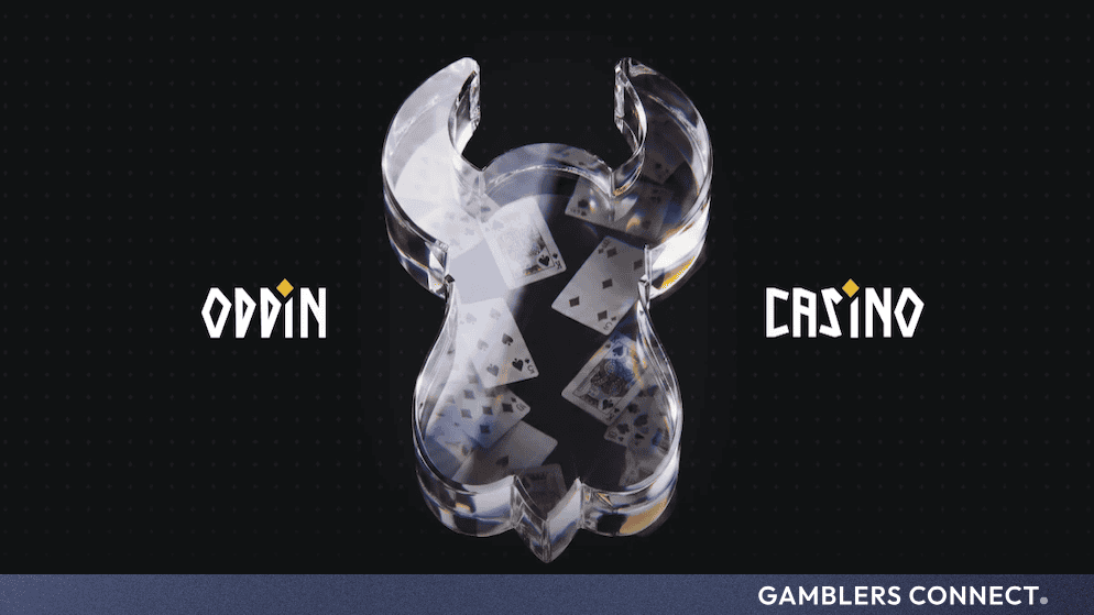 Sleek dark promotional graphic featuring the Oddin and Casino branding surrounding a stylized glass horned container filled with playing cards.
