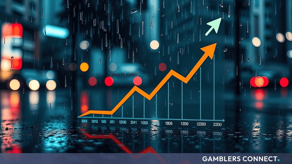 A digital financial growth chart displaying upward trends reflected in rainy city streets at night.