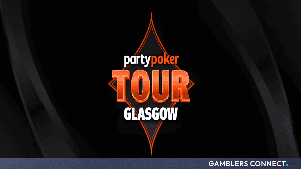 Official logo for the PartyPoker Tour Glasgow set against a dark background.