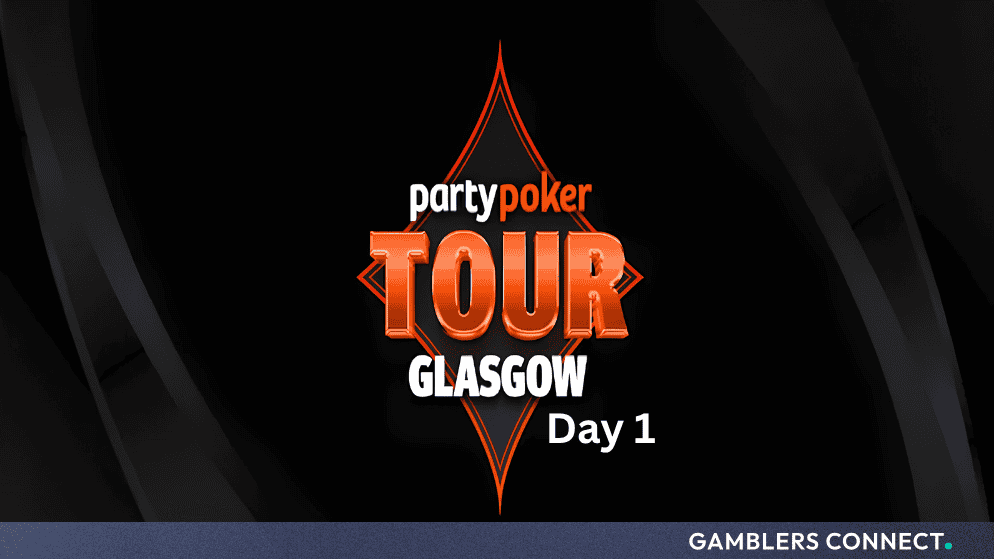 Official event graphic for PartyPoker Tour Glasgow Day 1 against a dark diamond-patterned background.