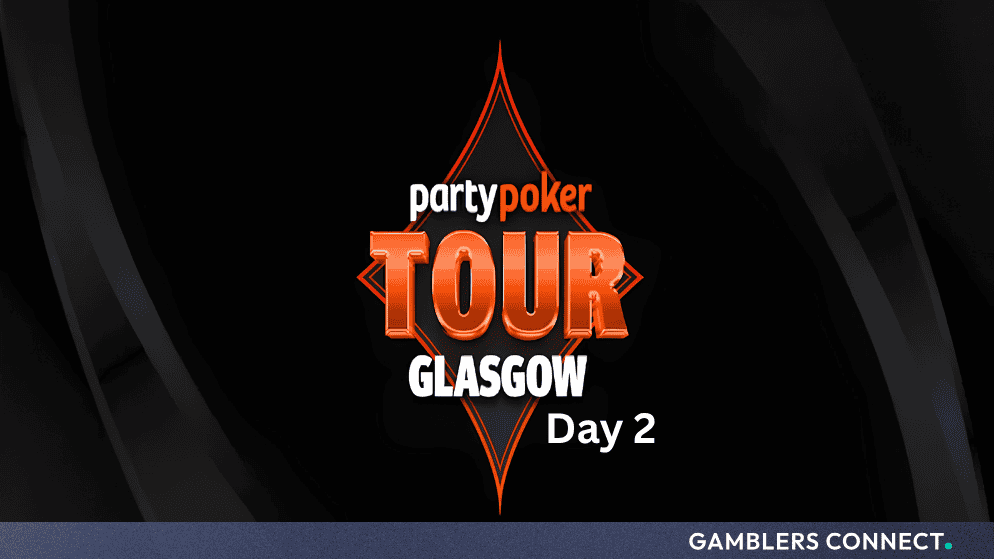 Official promotional graphic for PartyPoker Tour Glasgow Day 2 against a dark background with an orange diamond logo.