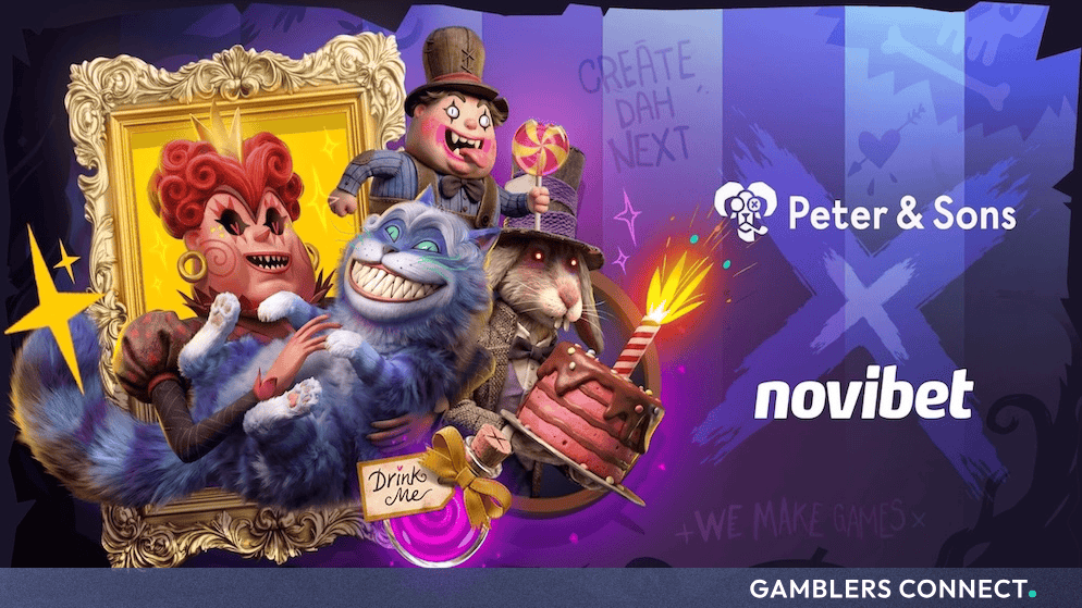 Promotional collaboration graphic featuring stylized animated characters from Peter & Sons alongside the Peter & Sons and Novibet logos.