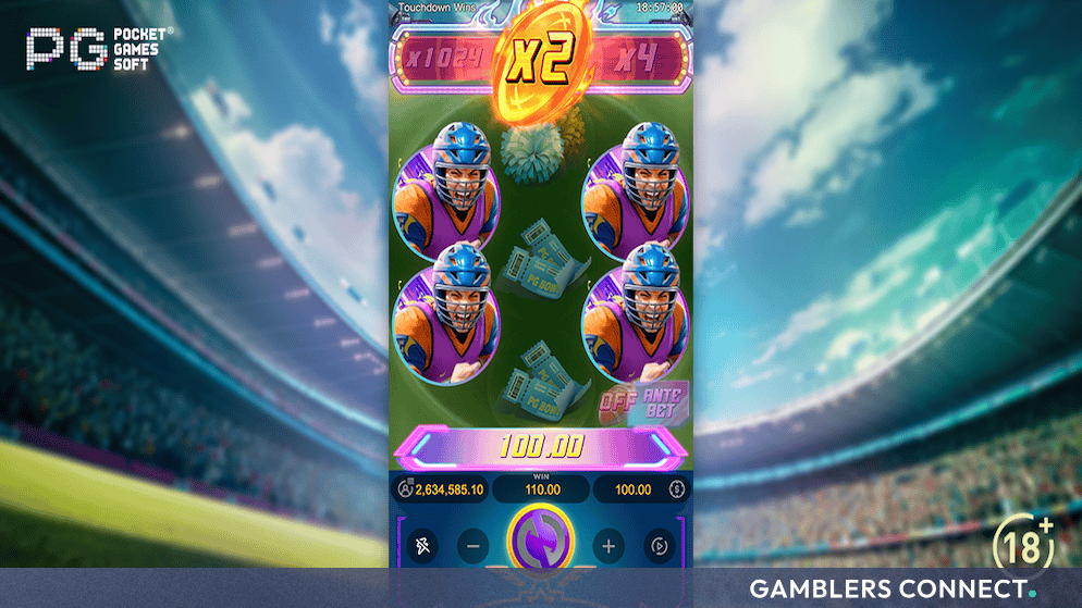 In-game user interface of PG Soft's Touchdown Wins slot showing a football player symbol and progressive multiplier set against a packed stadium backdrop.