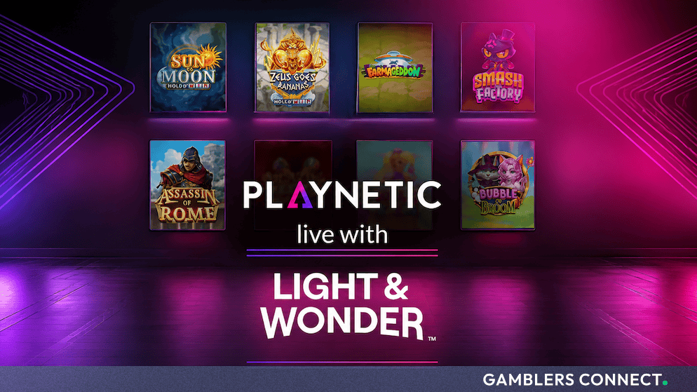 Promotional graphic featuring the Playnetic and Light & Wonder logos alongside preview tiles of popular slot games against a dark magenta background.
