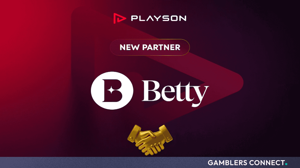 Promotional graphic featuring the Playson and Betty Casino logos with a golden handshake icon to announce their new partnership in Alberta.