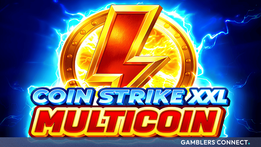 Official promotional logo for Playson's Coin Strike XXL: Multicoin slot set against a glowing golden coin and electrical background.